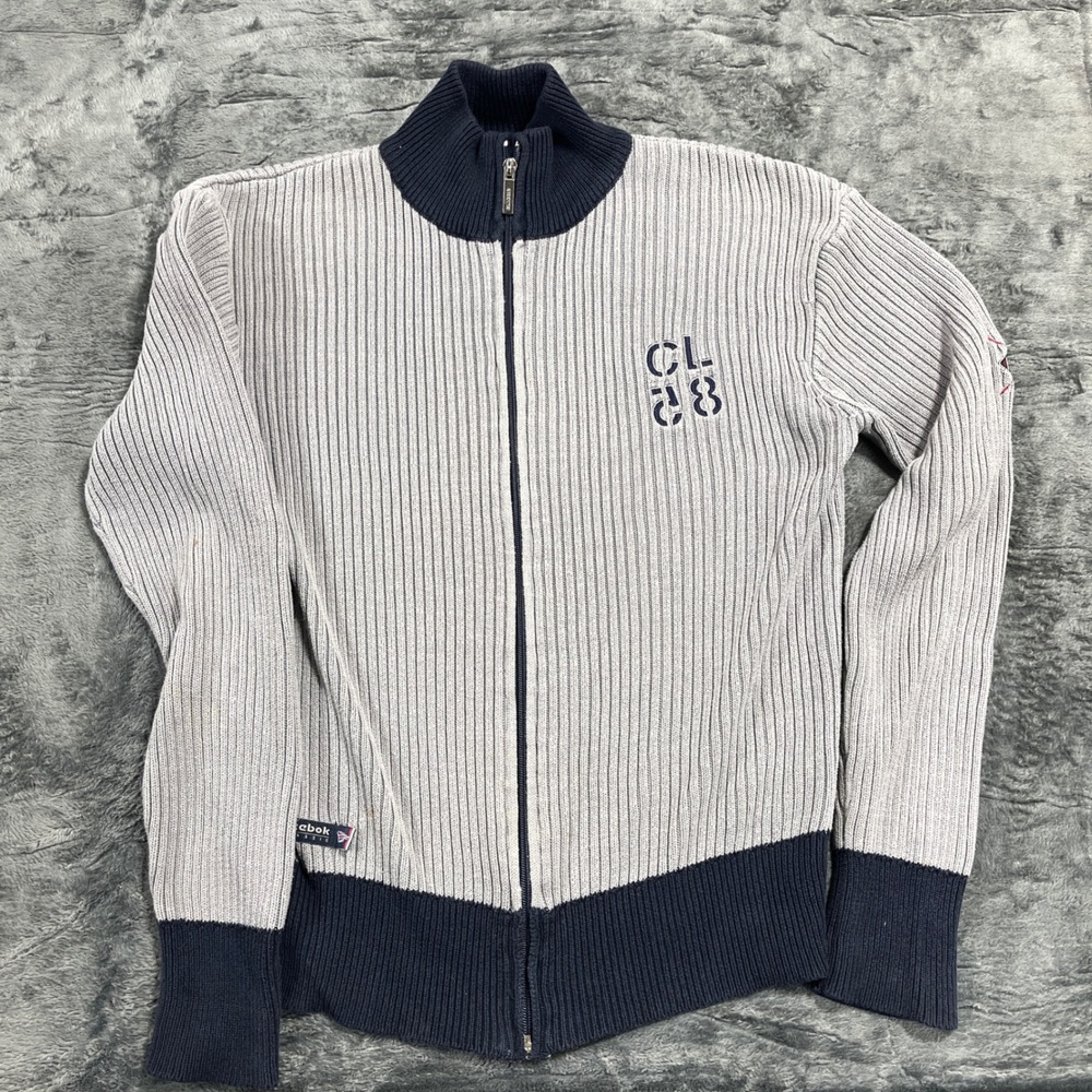Reebok Classic Mens Gray Navy Blue Ribbed Quarter Zip Sweater  Medium